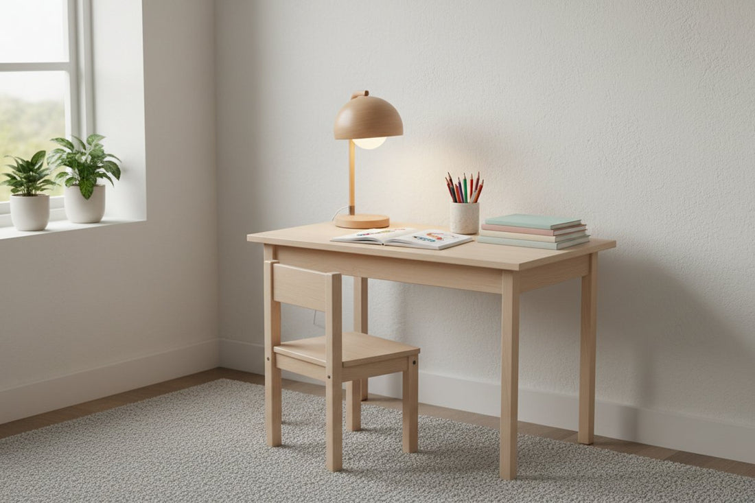 Coin devoirs d'enfant avec une lampe allumée au-dessus d'un cahier ouvert et de crayons de couleur