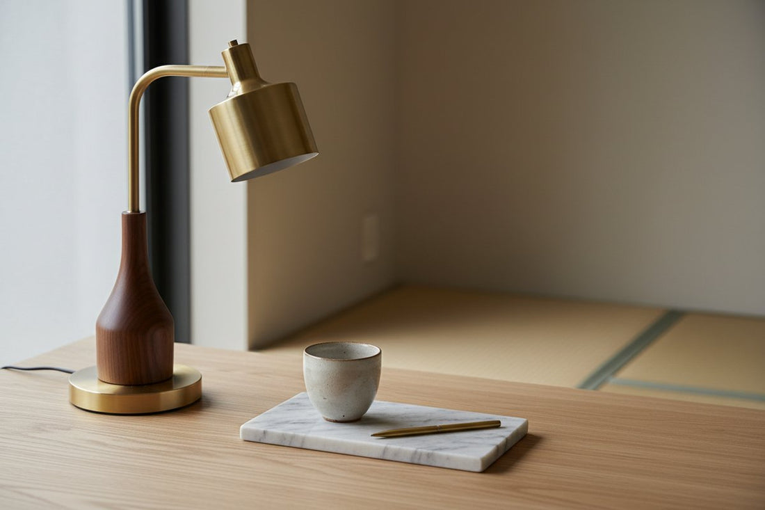 Lampe de bureau en bois de noyer et laiton posée près d'un plateau en marbre blanc veiné