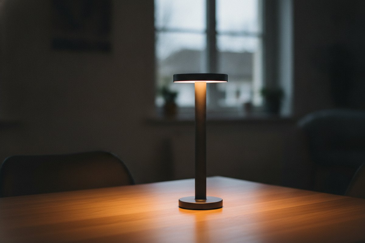 Lampe de bureau sans fil allumée sur une table, sans câble ni prise de courant, en soirée