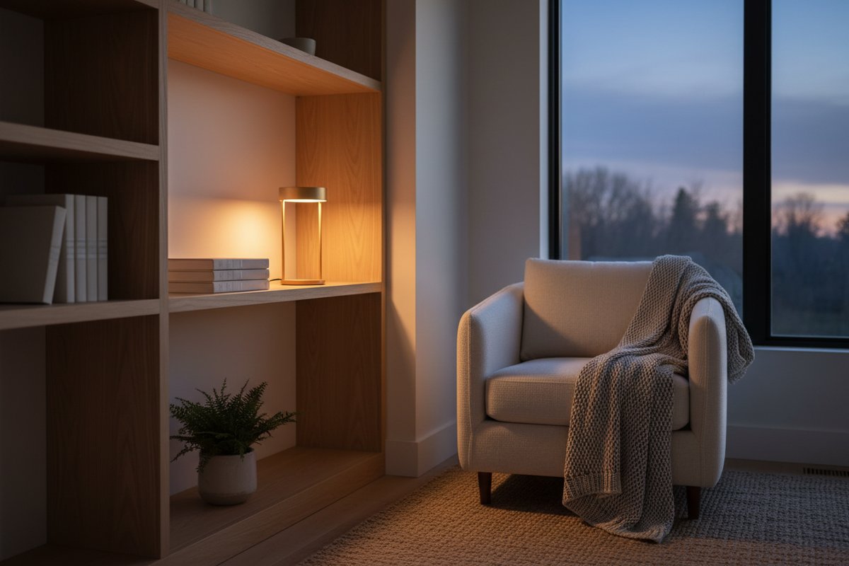 Lampe sans fil allumée sur une étagère éclairant un coin lecture au crépuscule, sans prise à proximité