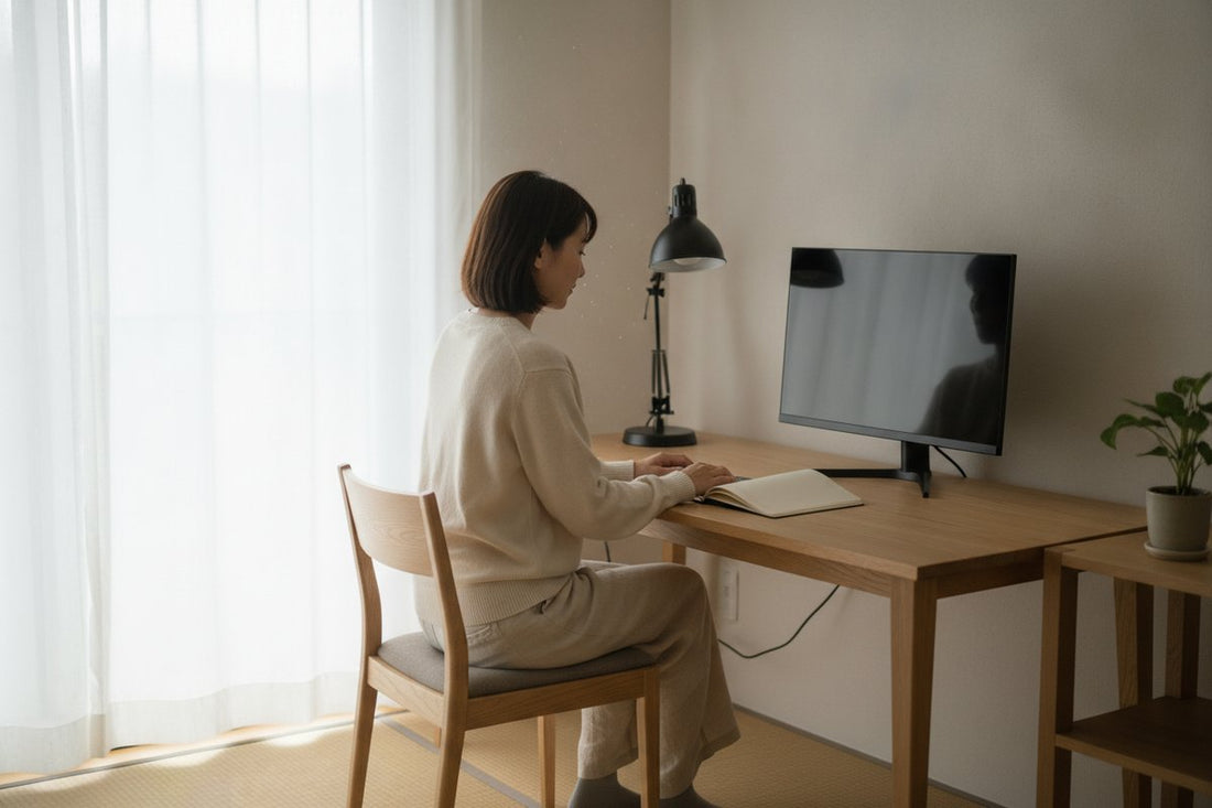 Femme travaillant à son bureau à domicile, lampe de bureau articulée posée près de l'écran