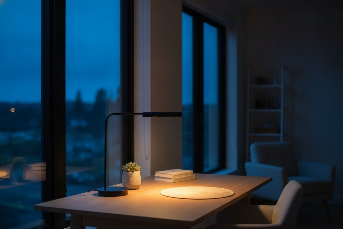 Lampe de bureau allumée en lumière ambrée chaude sur un bureau, face à une fenêtre au crépuscule