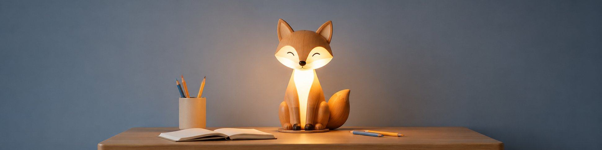 Lampe de bureau enfant en forme de renard en bois de la collection Candeora, posée sur un bureau avec cahier et crayons, ambiance douce pour coin devoirs