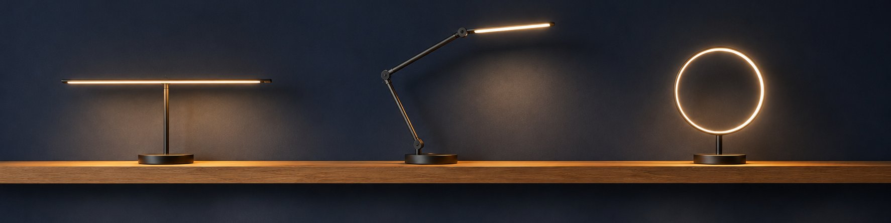 Lampes de bureau LED de la collection Candeora : lampe barre linéaire, lampe à bras articulé et lampe anneau lumineux à lumière chaude, sur étagère en chêne