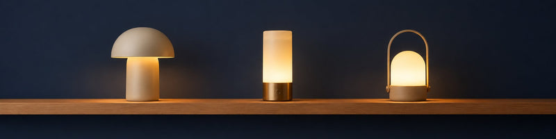 Lampes de bureau sans fil rechargeables de la collection Candeora : lampe champignon, lampe cylindre et lanterne portable à anse, sans câble, sur étagère en chêne