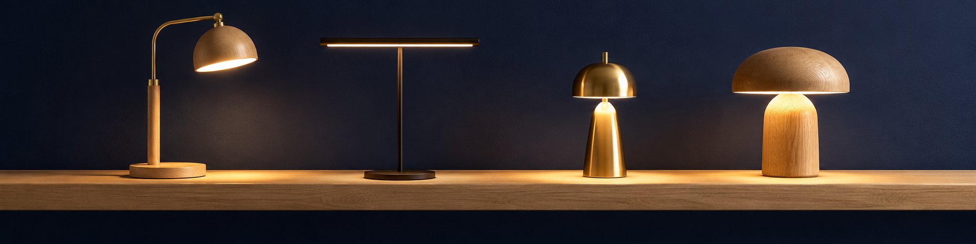 Sélection de lampes de bureau Candeora — modèles design, LED et sans fil posés sur une étagère en chêne devant un mur bleu nuit