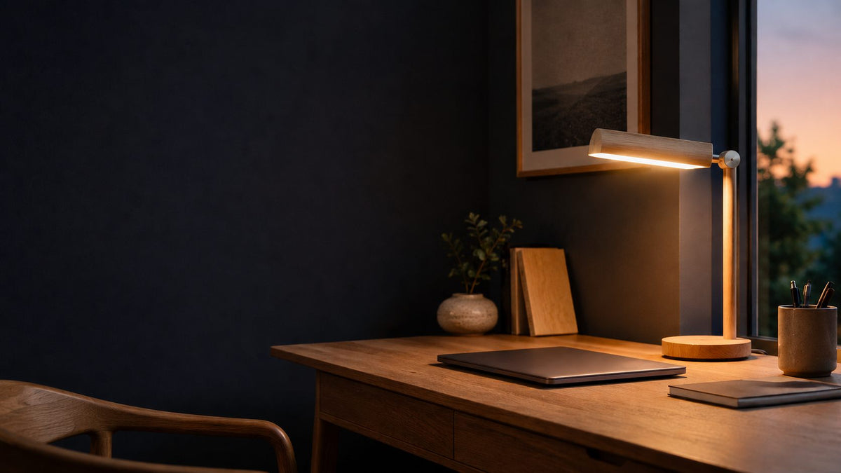 Lampe de bureau design en bois allumée le soir sur un bureau, ambiance chaleureuse Candeora