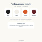 Infographie Ambra : les 4 coloris disponibles et le contenu du colis