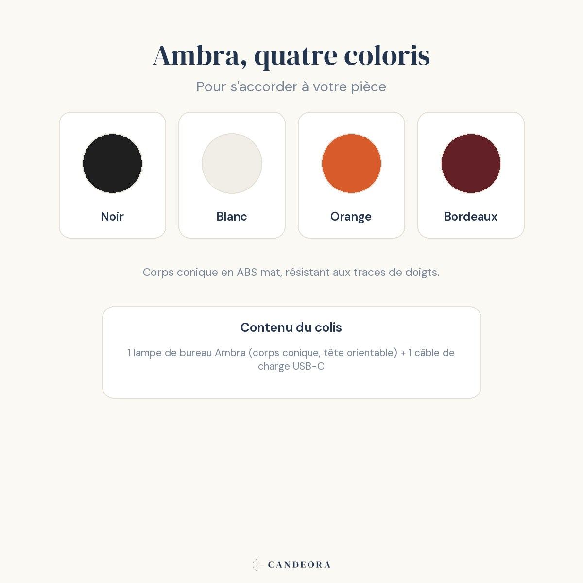 Infographie Ambra : les 4 coloris disponibles et le contenu du colis