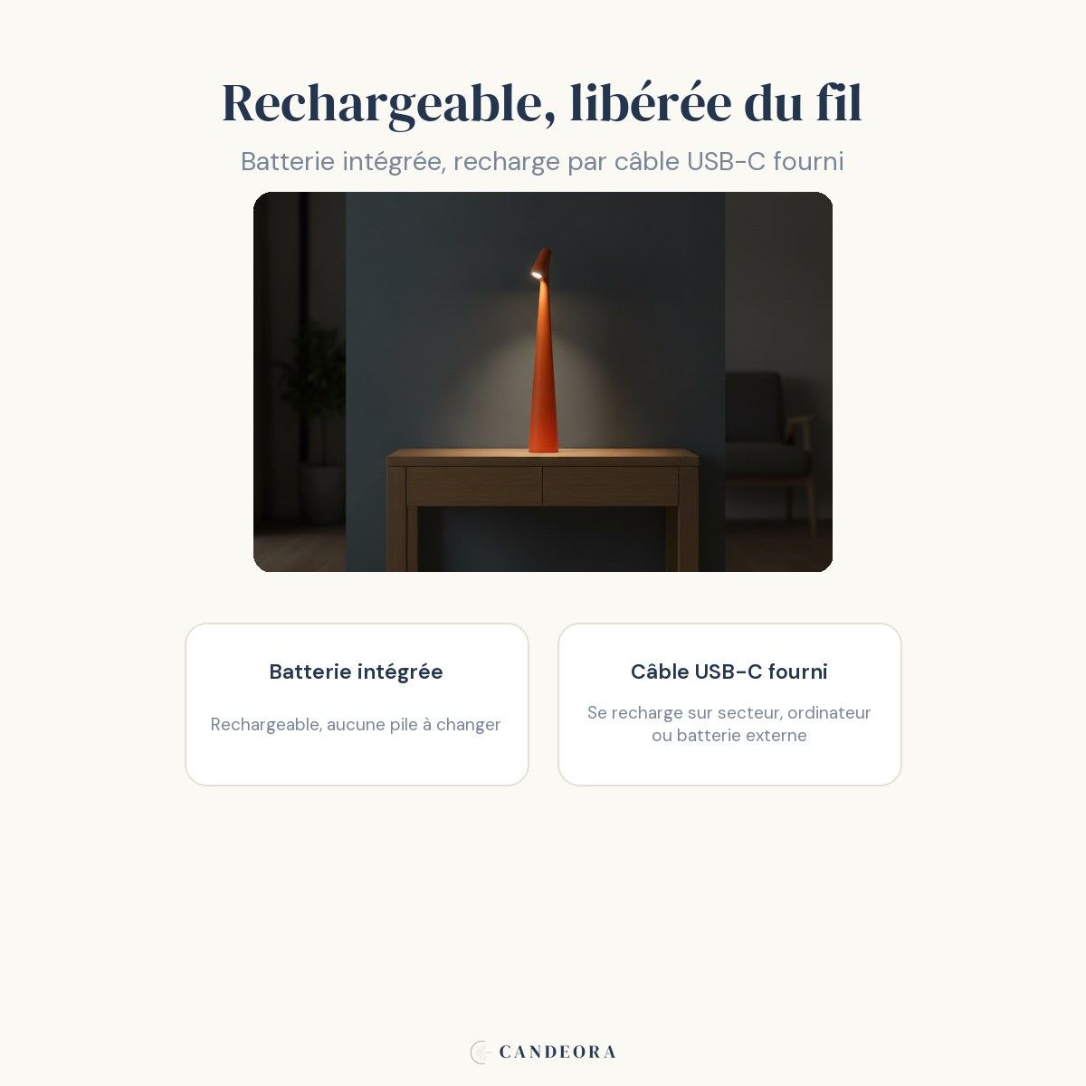 Infographie Ambra : batterie rechargeable et câble USB-C fourni