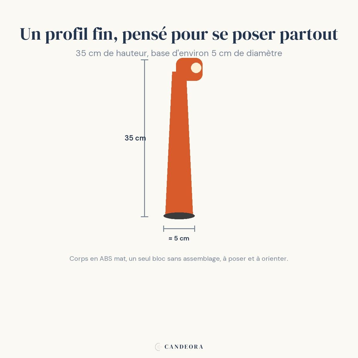 Infographie Ambra : dimensions, hauteur 35 cm et base 5 cm de diamètre