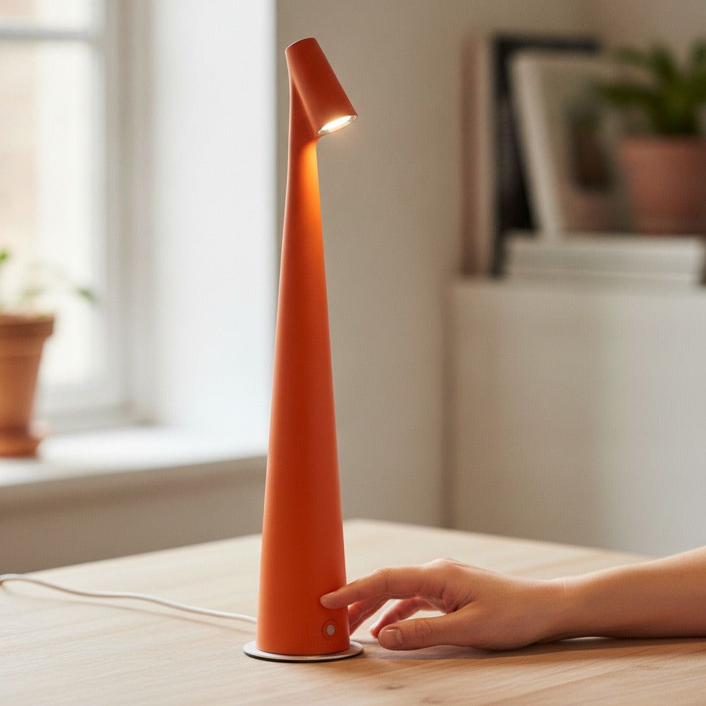 Main effleurant la zone tactile au socle de la lampe de bureau design Ambra