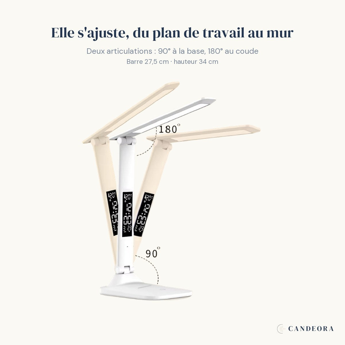 Les deux articulations de la lampe Aube Candeora : 90° à la base et 180° au coude