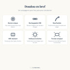 Infographie Candeora : Doudou en bref, six bénéfices de la lampe de bureau enfant