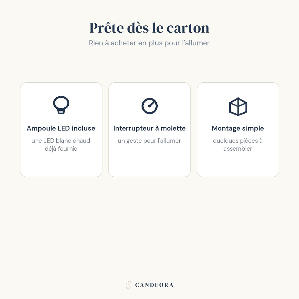 Auria prête dès le carton : ampoule LED incluse, molette, montage simple