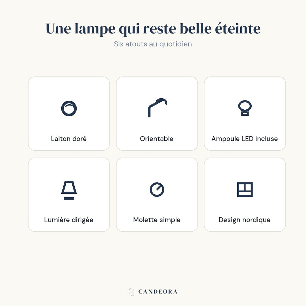 Atouts de la lampe Auria : laiton, orientable, LED incluse, molette, design nordique