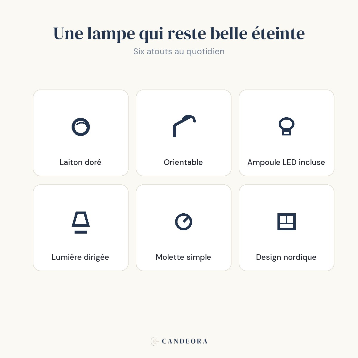 Atouts de la lampe Auria : laiton, orientable, LED incluse, molette, design nordique