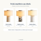 Les trois marbres de la lampe Vesta Candeora : pierre dorée, marbre veiné et marbre blanc