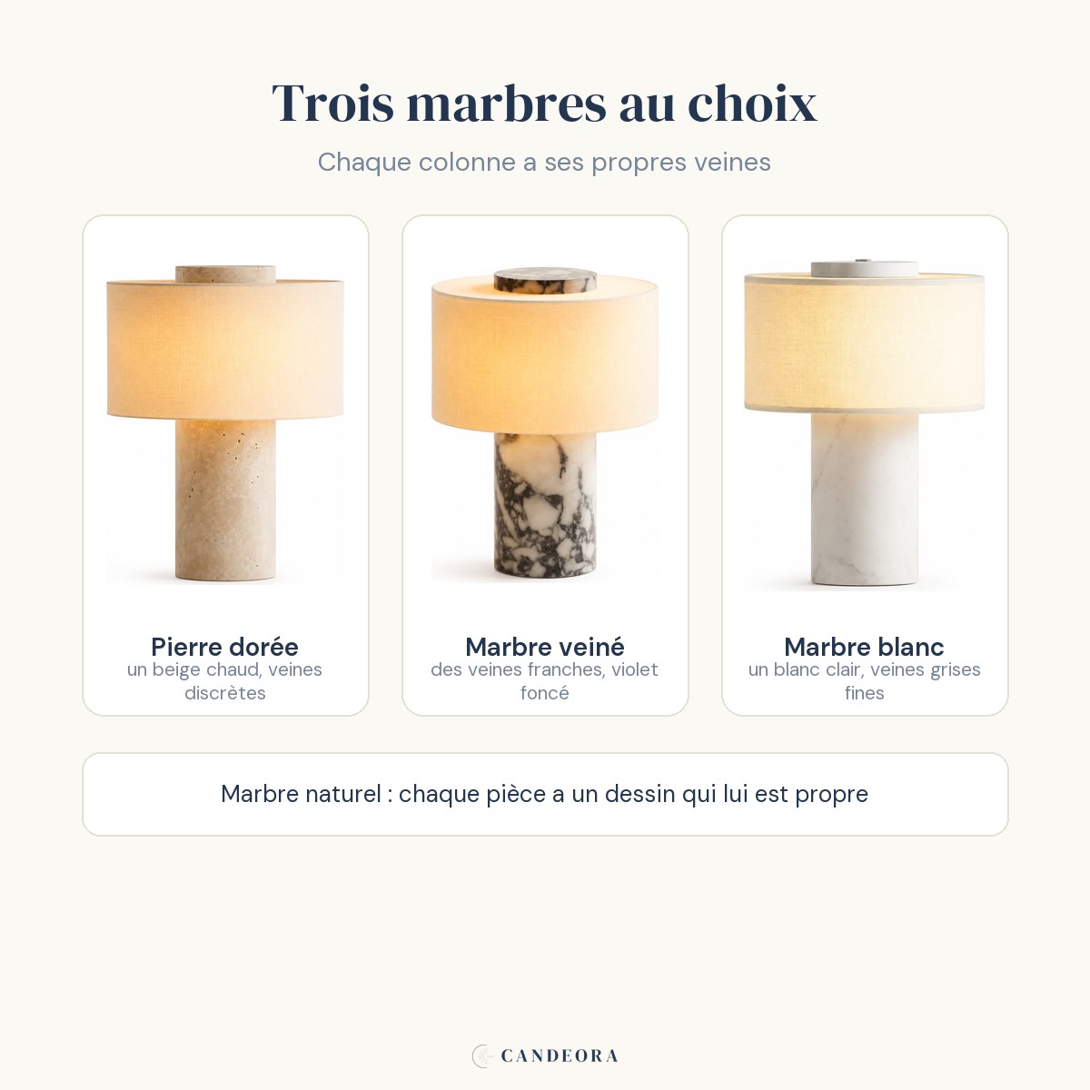 Les trois marbres de la lampe Vesta Candeora : pierre dorée, marbre veiné et marbre blanc