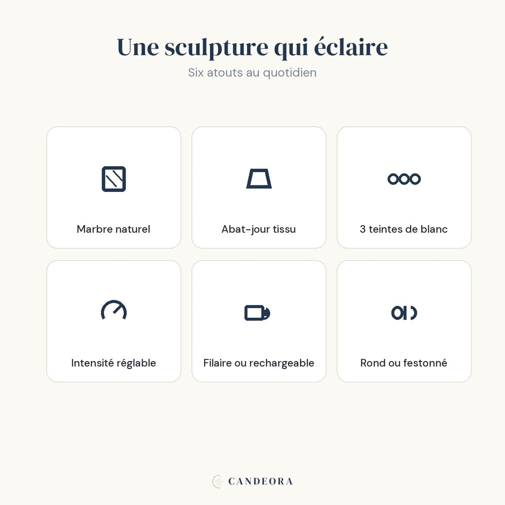 Atouts de la lampe Vesta : marbre naturel, abat-jour tissu, réglable, filaire ou rechargeable