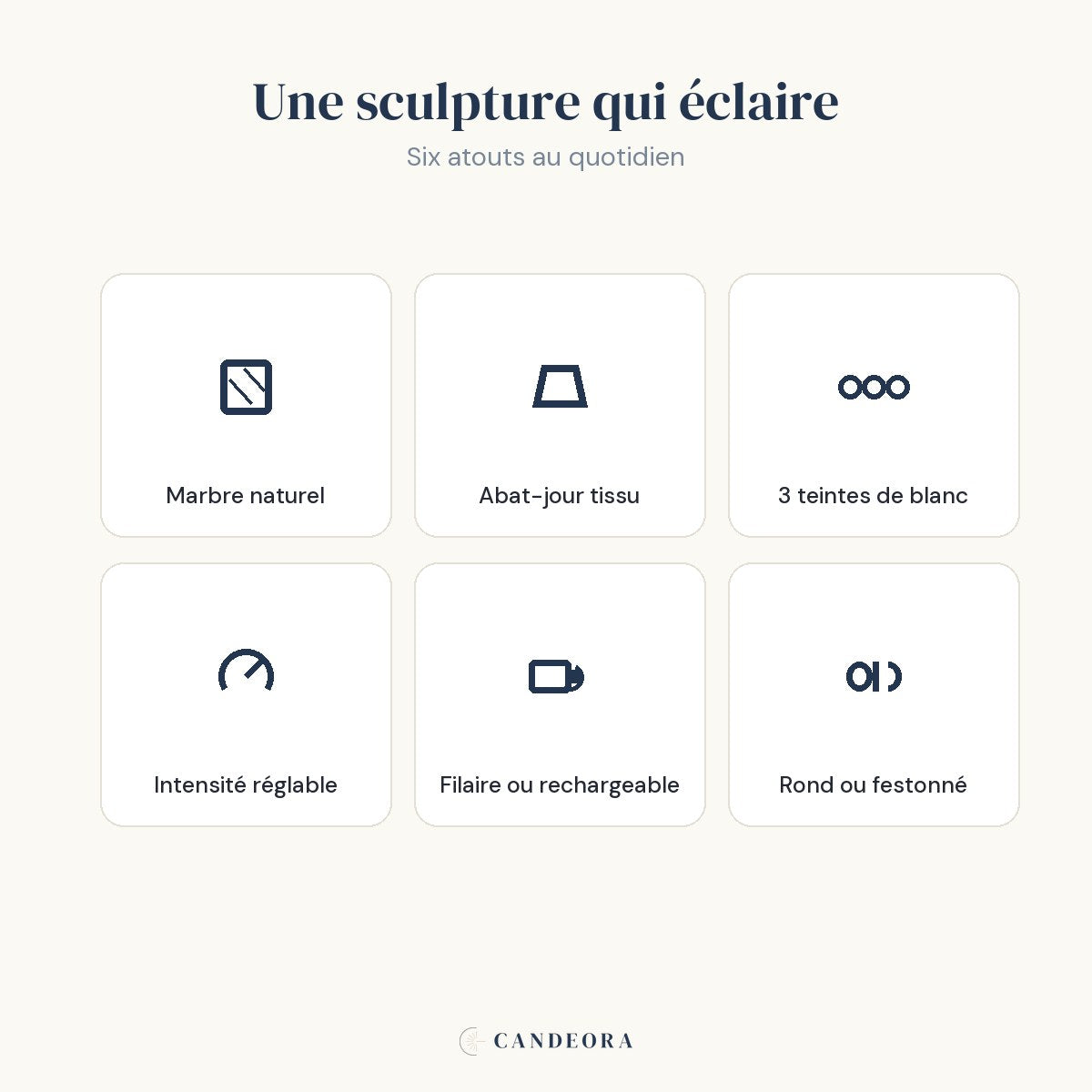 Atouts de la lampe Vesta : marbre naturel, abat-jour tissu, réglable, filaire ou rechargeable