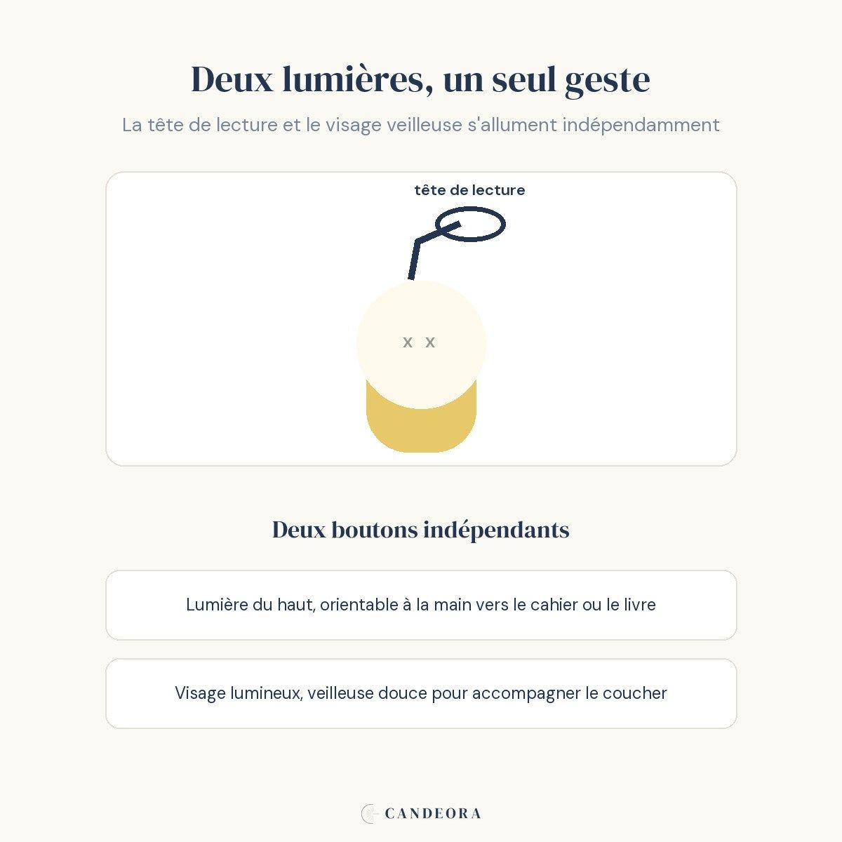 Infographie Câlin : deux lumières indépendantes, lecture et veilleuse