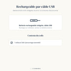 Infographie Câlin : recharge USB et contenu du colis