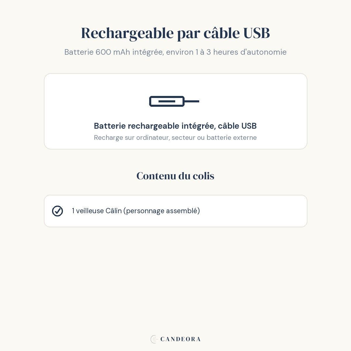 Infographie Câlin : recharge USB et contenu du colis