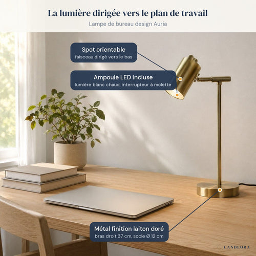 Lampe de bureau design Auria sur un bureau, caractéristiques annotées