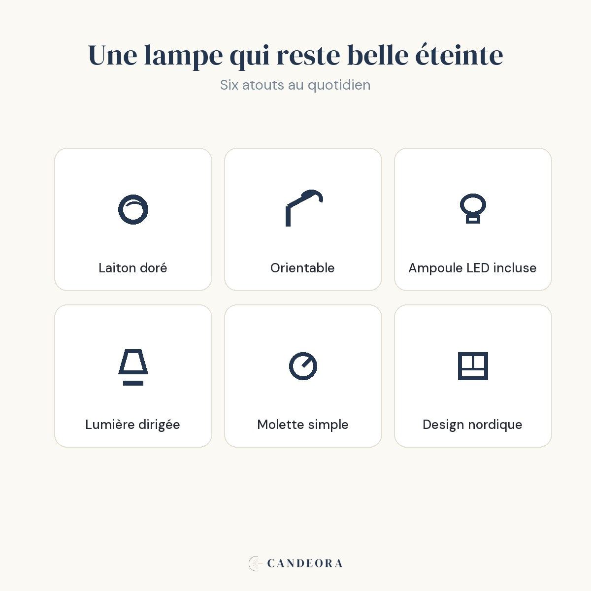 Atouts de la lampe Auria : laiton, orientable, LED incluse, molette, design nordique