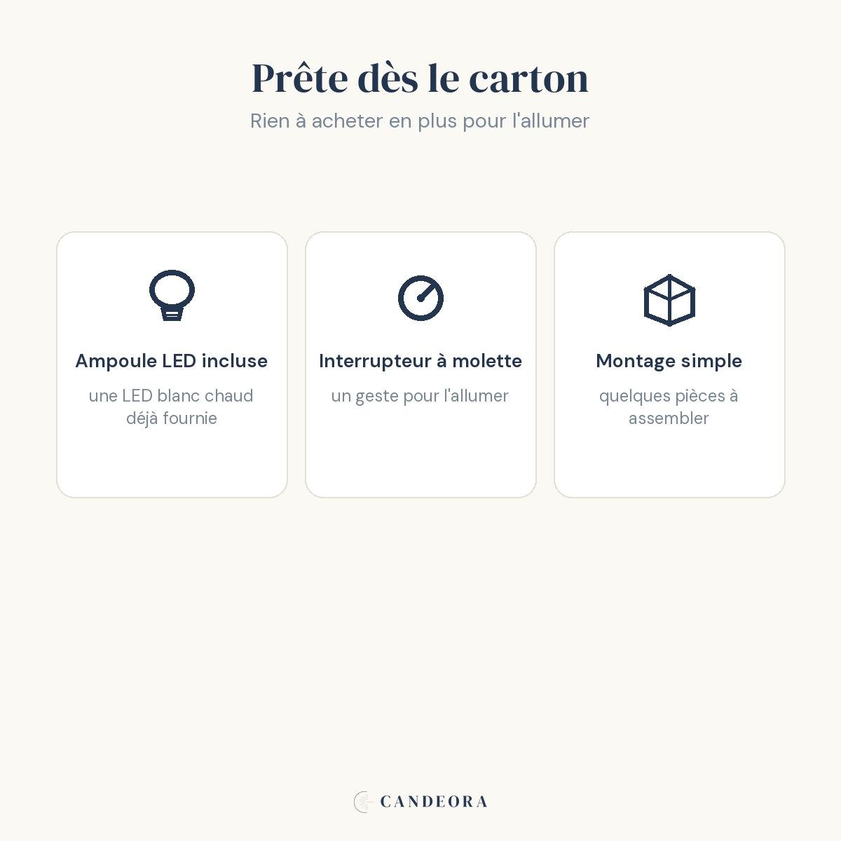 Auria prête dès le carton : ampoule LED incluse, molette, montage simple
