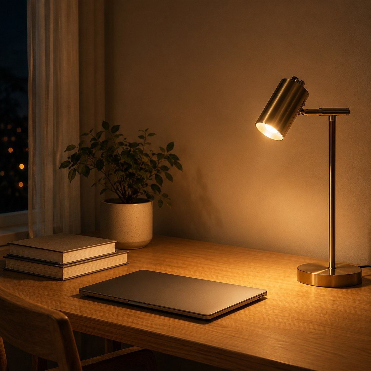 Lampe de bureau Auria en laiton allumée sur un bureau le soir, ambiance chaleureuse