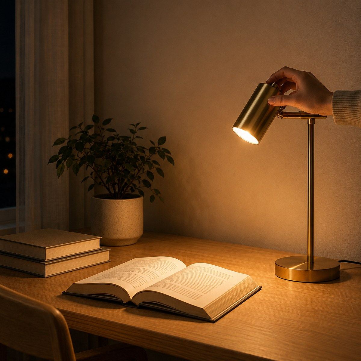 Main inclinant la tête de la lampe de bureau Auria au-dessus d'un livre ouvert le soir
