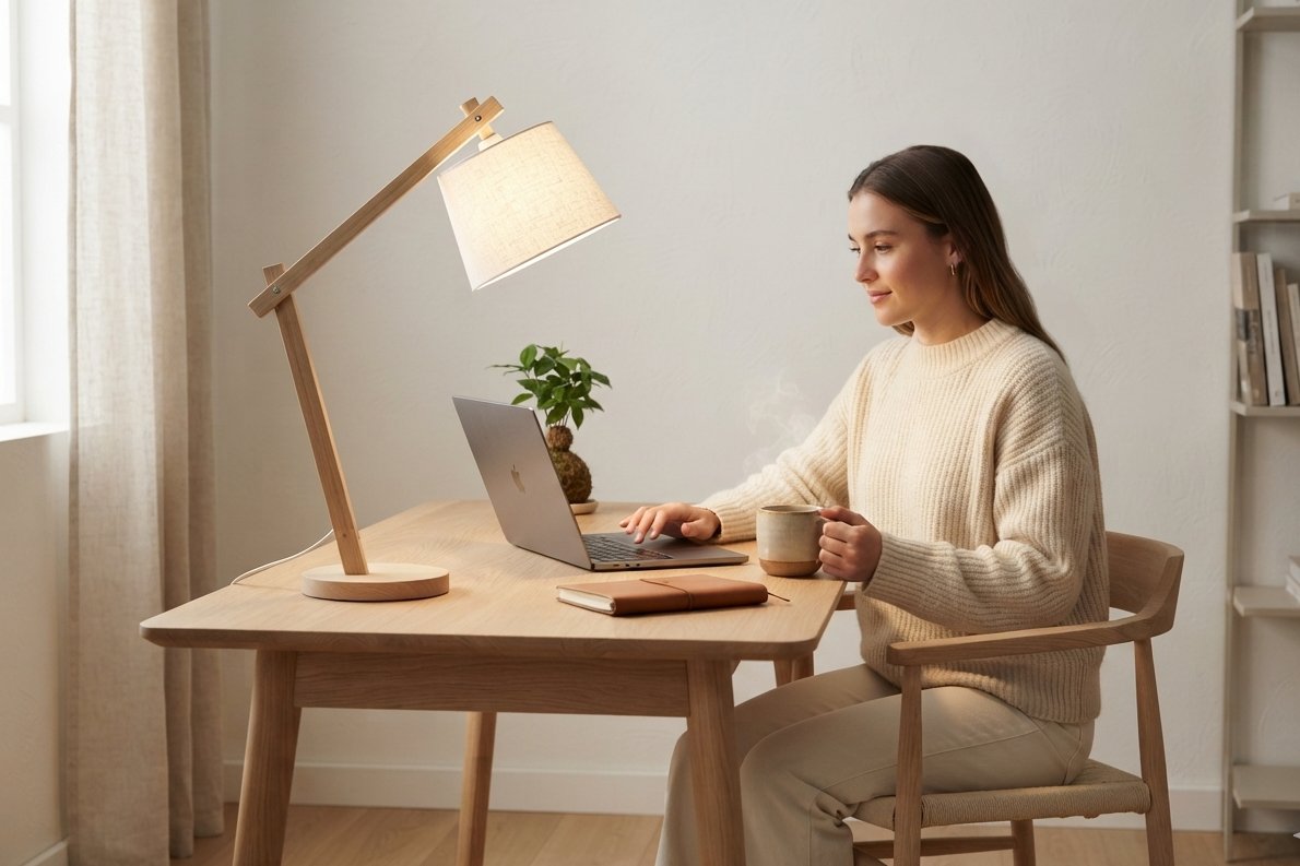 Personne travaillant à son bureau sous une lampe de bureau design à lumière douce