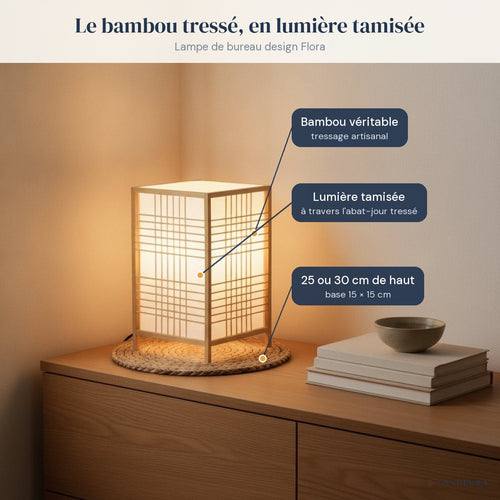 Lampe de bureau design Flora sur un bureau, caractéristiques annotées