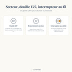Infographie Flora : douille E27, branchement secteur et interrupteur au câble