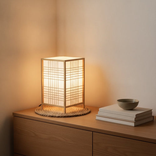 Lampe de bureau design Flora en journée, modèle Croisillon, même console en bois clair