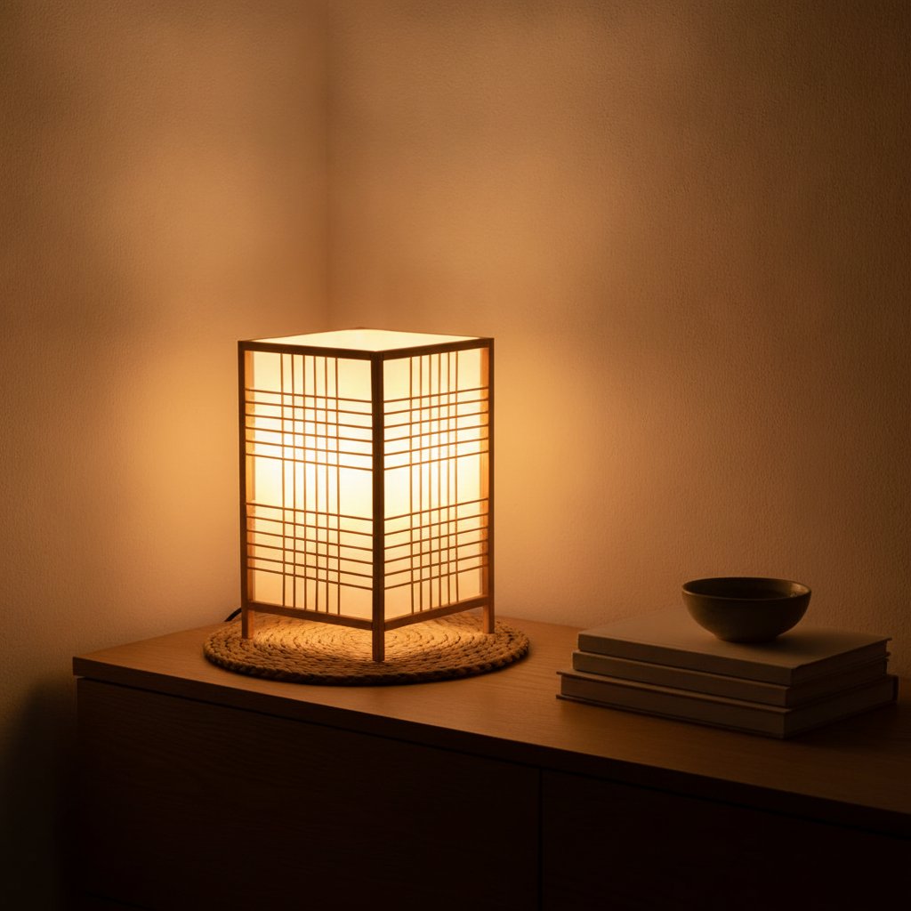 Lampe de bureau design Flora allumée le soir, modèle Croisillon, sur une console en bois clair