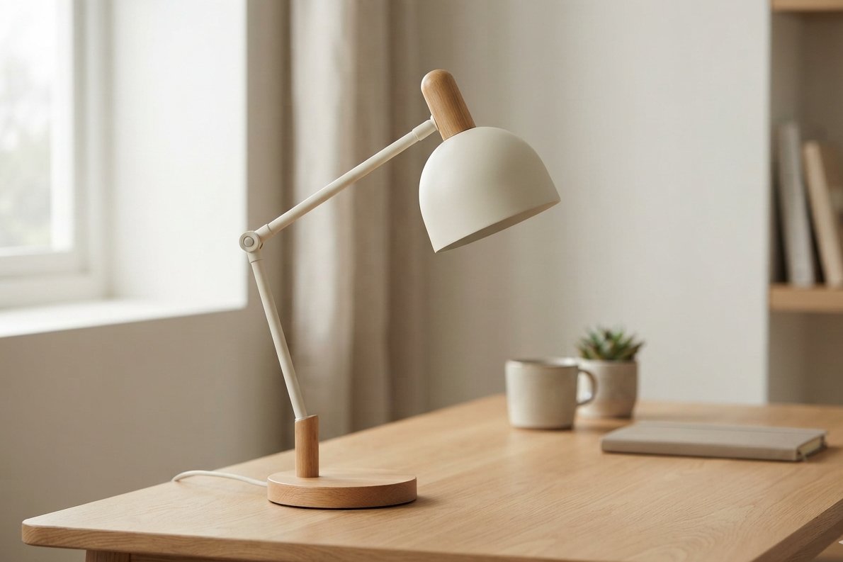 Lampe de bureau design en bois clair posée sur un bureau chêne, lumière blanche de jour