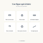 Les atouts de la lampe Linéa : bois noyer, pied laiton, LED intégrée, barre orientable.