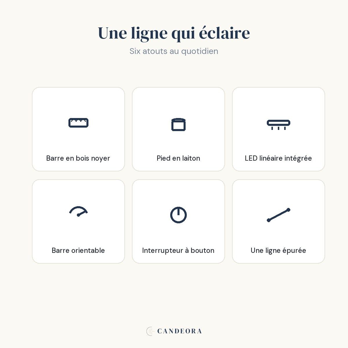 Les atouts de la lampe Linéa : bois noyer, pied laiton, LED intégrée, barre orientable.