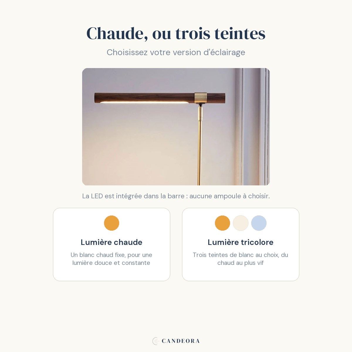 Les deux versions d'éclairage de la lampe Linéa Candeora : lumière chaude ou trois teintes