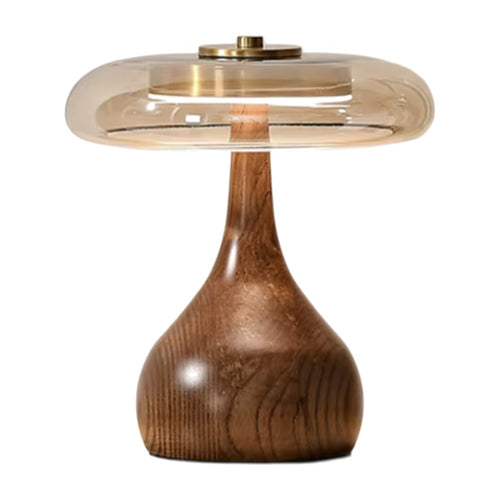 Lampe de bureau design Lucerna, modèle bas - pied en bois tourné et disque de verre, sur fond blanc.