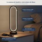 Lampe de bureau design Opale sur une table de chevet, caractéristiques annotées
