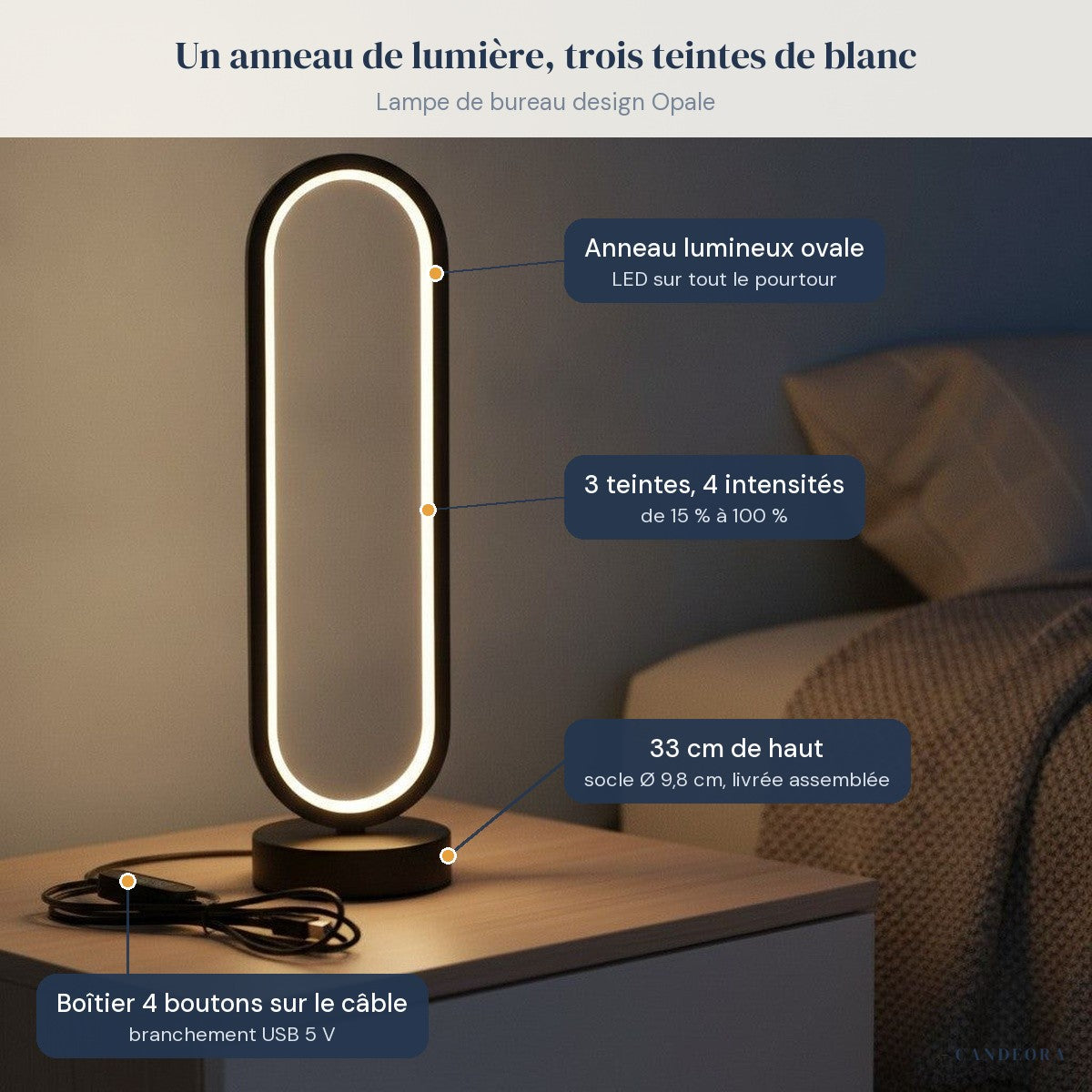 Lampe de bureau design Opale sur une table de chevet, caractéristiques annotées