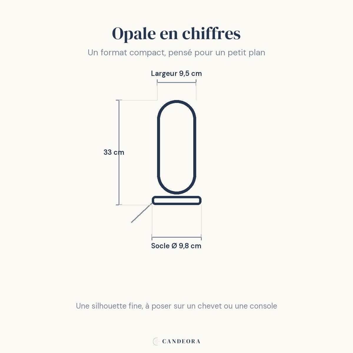 Infographie Opale : dimensions, anneau 9,5 x 33 cm sur socle de 9,8 cm