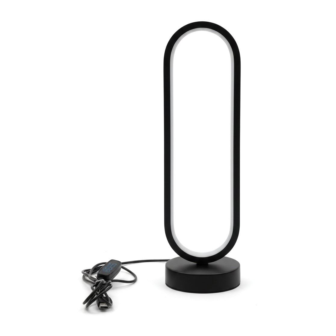 Lampe de bureau design Opale, anneau lumineux noir sur socle rond, packshot fond blanc