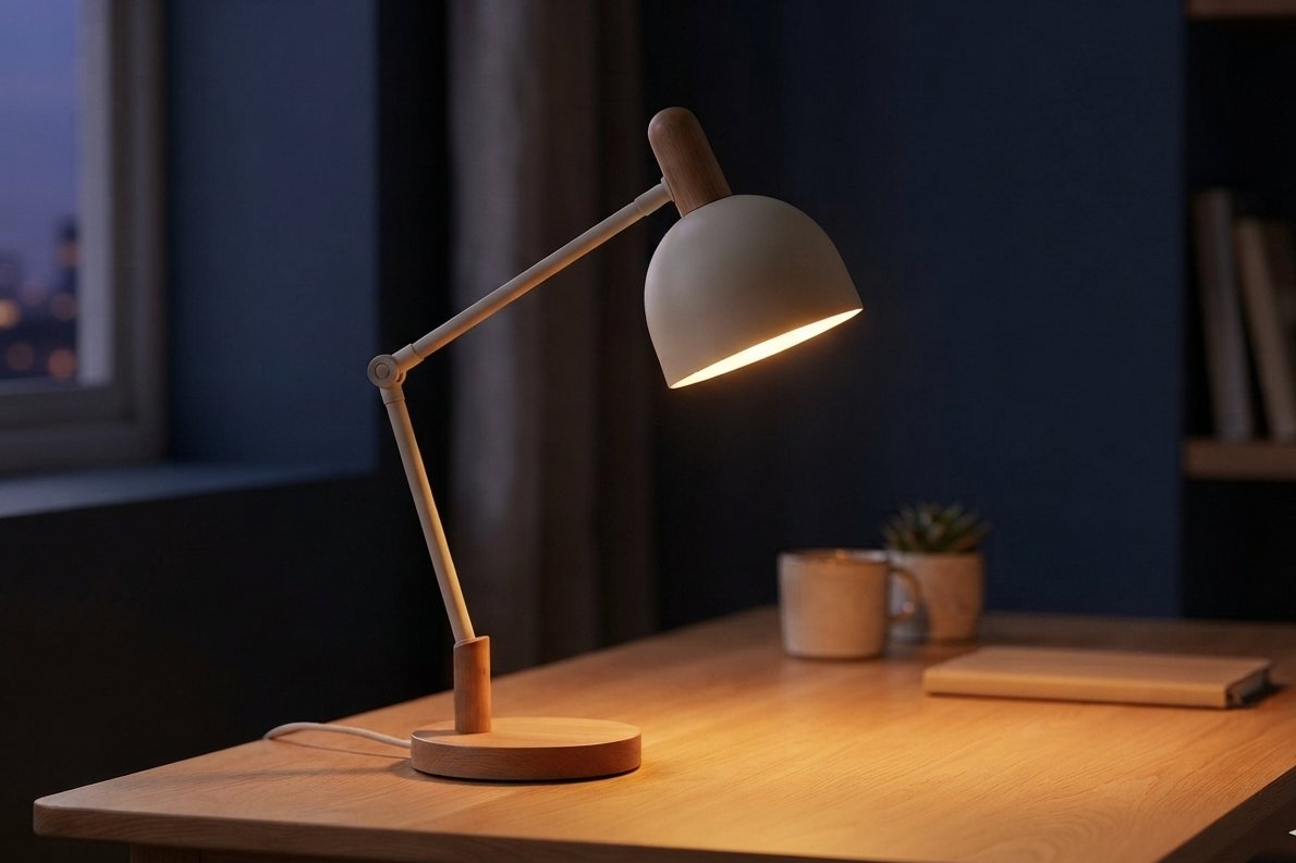Lampe de bureau design allumée le soir, lueur chaude sur fond bleu nuit
