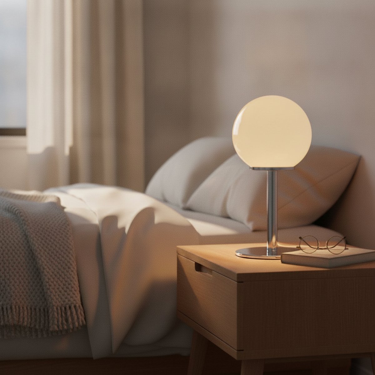 Lampe de bureau design Stellaria Candeora, globe en verre ivoire sur pied chromé, sur une table de chevet