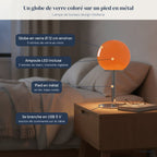 Lampe de bureau design Stellaria sur une table de chevet, caractéristiques annotées